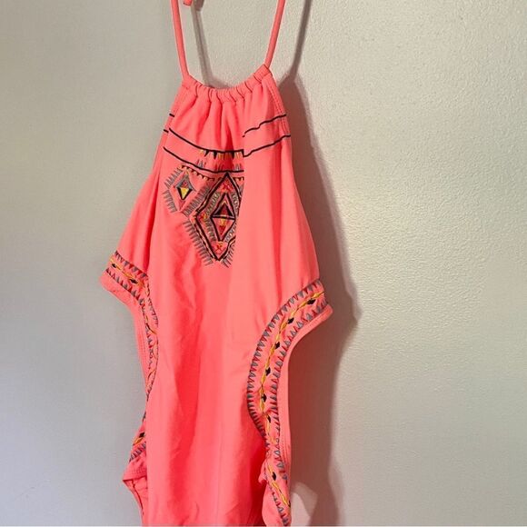 Marilyn Monroe One Piece Monokini Swimsuit Coral Embroidered High Neck L - Picture 1 of 7